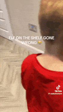 a boy in a red shirt is standing in front of a wall that says elf on the shelf gone wrong ..