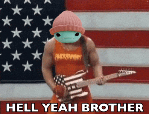 a man playing a guitar in front of an american flag with the words hell yeah brother