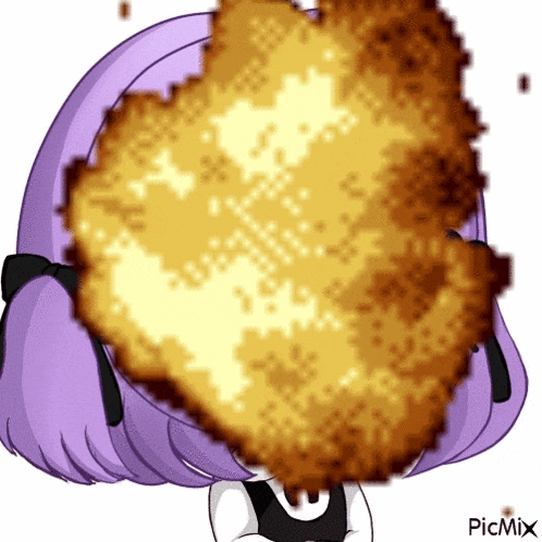 a pixel art of a girl with purple hair and a large explosion behind her