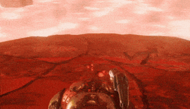a computer generated image of a red landscape with a robot standing in the foreground