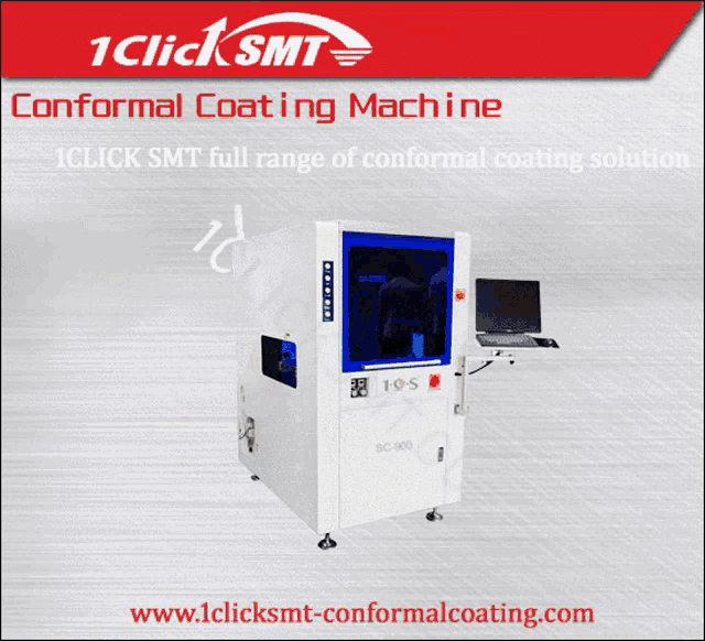 an advertisement for a conformal coating machine shows a small machine