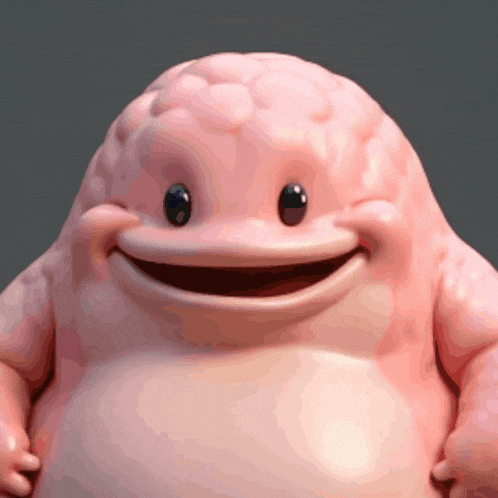 a close up of a pink cartoon character with a big smile on his face