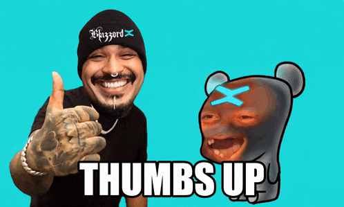 a man is giving a thumbs up next to a cartoon bear