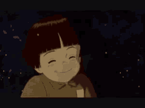 a cartoon character with red hair is smiling with a dark background