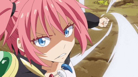 a girl with pink hair and blue eyes throws a sword
