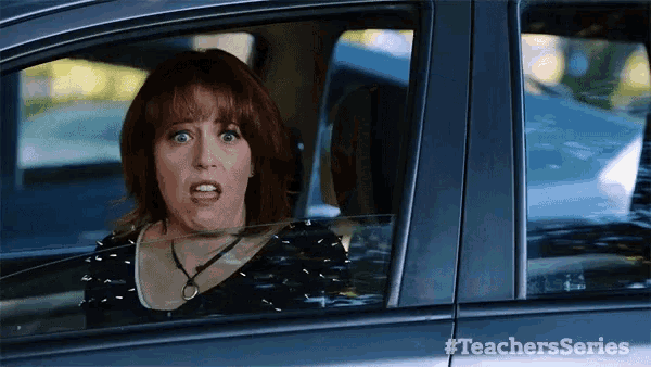 a woman is sitting in a car with #teachersseries written on the bottom right