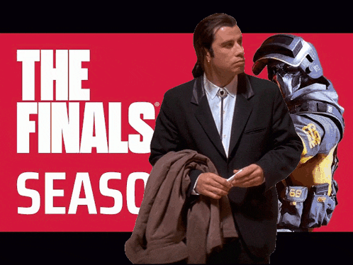 a man in a suit stands in front of a red sign that says the finals season