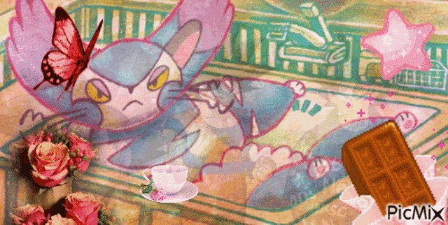 a picture of a cat with a cup of tea and a chocolate bar with picmix written on the bottom right
