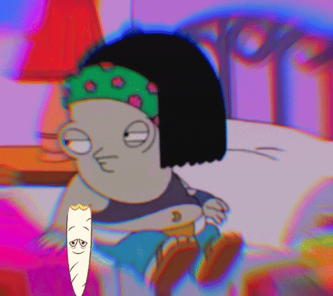 a cartoon character is sitting on a bed with a marijuana joint in his hand .