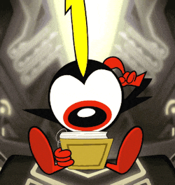a cartoon character is reading a book with a lightning bolt coming out of its mouth