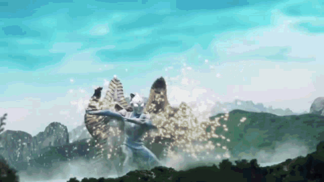 a cartoon character is fighting a giant monster in a landscape with mountains in the background .