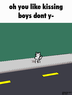 a pixel art of a cat standing on a sidewalk with the words oh you like kissing boys dont y
