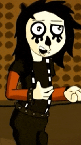 a cartoon character with a skull on his face is standing in front of a polka dot wall