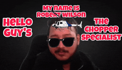 a man wearing sunglasses has a helicopter on his head with the words my name is robert wilson