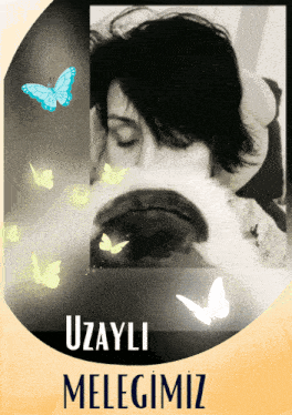 a black and white photo of a woman with butterflies and the words uzaylı melegimiz