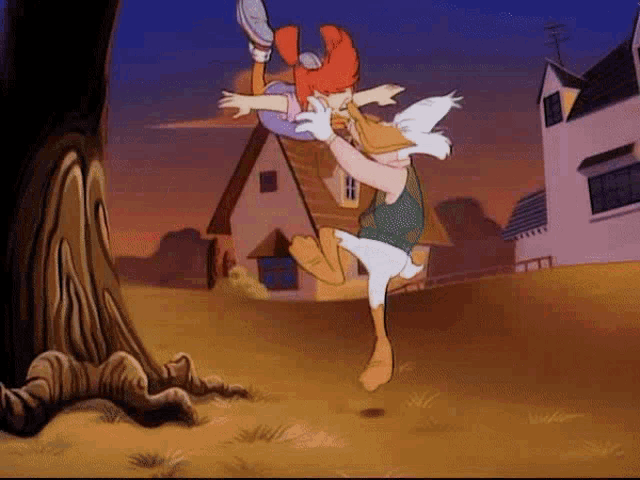a cartoon of a duck and a girl in a field with a house in the background