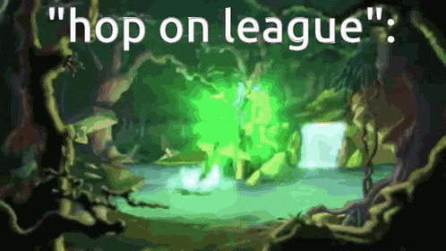a picture of a forest with the words " hop on league " on it