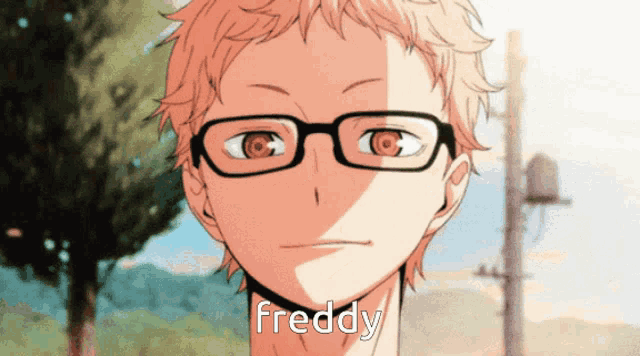 a close up of a person wearing glasses with the word freddy on the bottom right