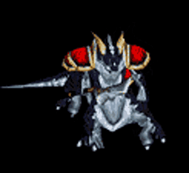 a computer generated image of a dragon with a sword and shield .