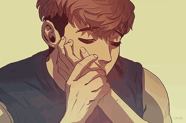 a drawing of a man covering his mouth with his hands