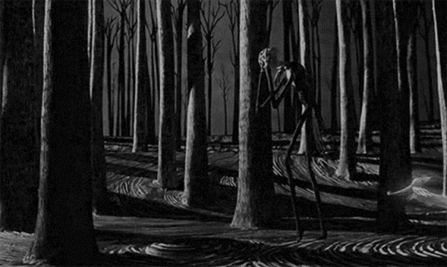 a black and white photo of a person walking through a forest .
