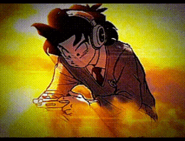 a cartoon drawing of a man wearing headphones and a tie