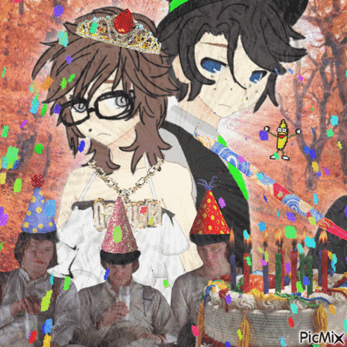 a group of people are celebrating a birthday with a cake with candles and confetti