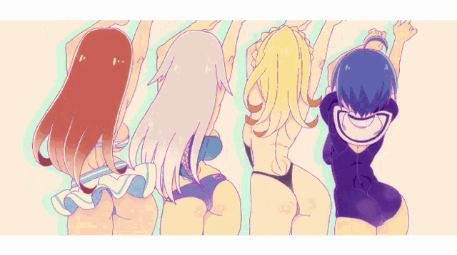 a group of anime girls are dancing together with their arms up