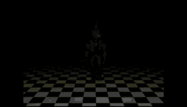 a cartoon character standing on a checkered floor
