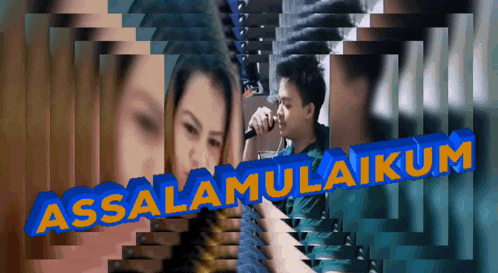 a man singing into a microphone with the words assalamualaikum written in blue