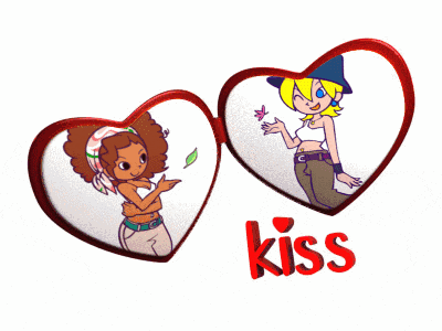 a couple of hearts with the word kiss underneath