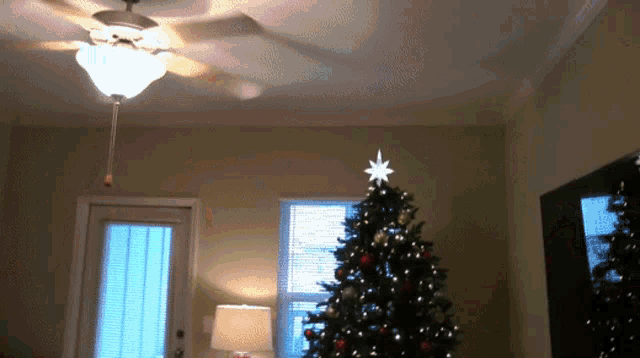 a christmas tree with a star on top of it in a living room