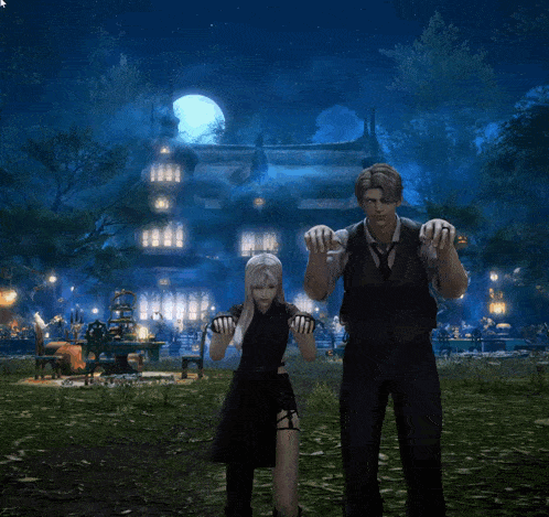 a man and a woman standing in front of a building with a full moon in the background