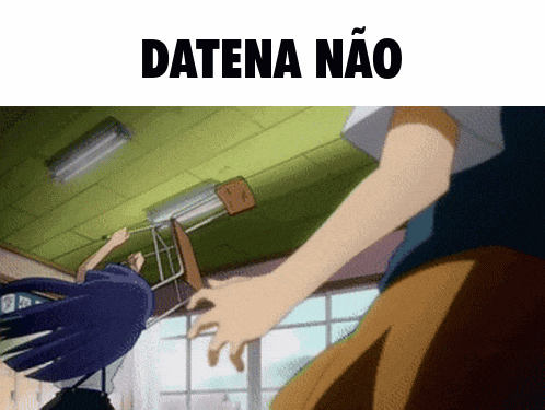 a picture of a person holding a chair with the words " datana nao " on the top