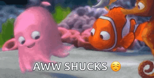 a pink octopus is standing next to a clown fish in a cartoon scene from the movie finding nemo .
