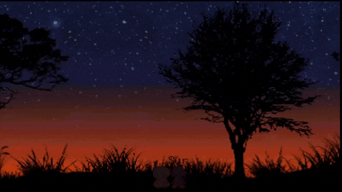 a silhouette of a tree with a shooting star in the sky