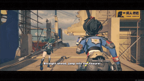 a screenshot of a video game with the words straight ahead jump into the fissure at the bottom