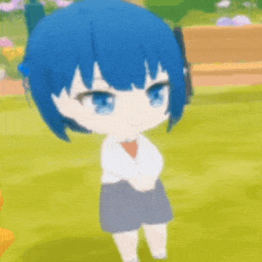 a cartoon girl with blue hair and blue eyes is standing on a grassy field .