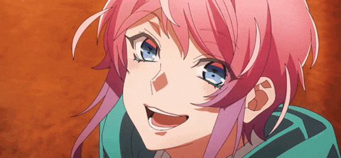 a pink haired anime character with blue eyes is smiling