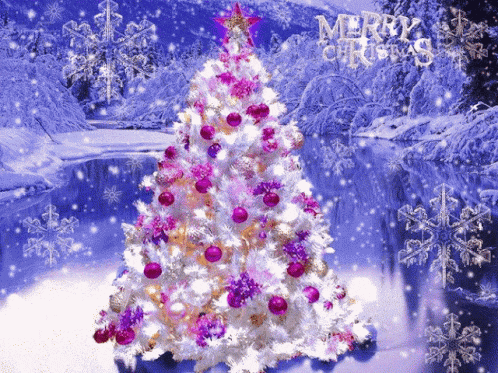 a white christmas tree with pink and gold decorations and the words merry christmas on the bottom