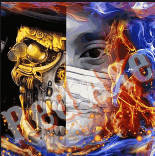 a painting of a skull wearing a mask and a painting of a woman wearing a mask