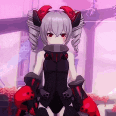 a girl in a black outfit with red horns is standing in front of a pink wall .