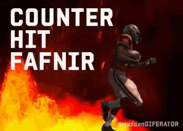 a football player is running in front of a fire with the words counter hit fafnir on the bottom .