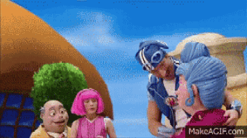 a group of cartoon characters are standing in front of a building with the website makeagif.com at the bottom of the screen