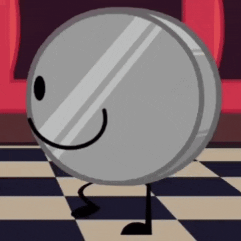 a cartoon coin with a face and legs is dancing on a checkered floor .