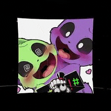 a green panda and a purple panda are taking a selfie .