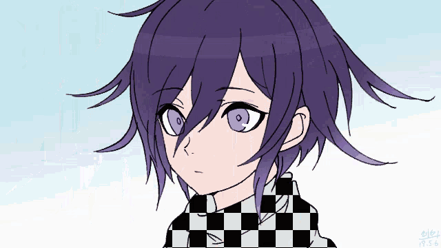 a drawing of a boy with purple hair and a checkered scarf