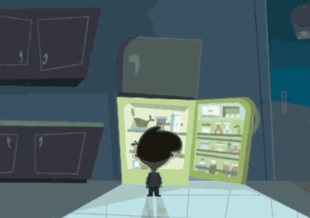 a cartoon of a boy looking into a refrigerator