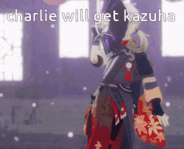 a cartoon character is standing in front of a window and says charlie will get kazuha .