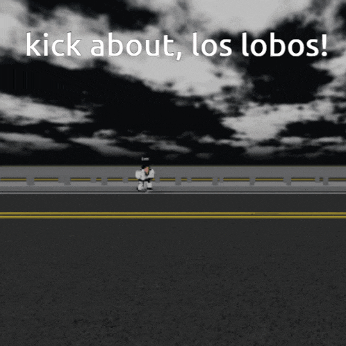 a black and white photo of a road with the words kick about los lobos